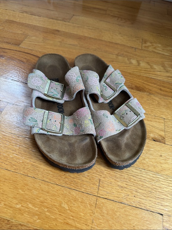Birkenstock Shoes - Birkenstock Two-Buckle Floral Suede Sandals in Pink and Green